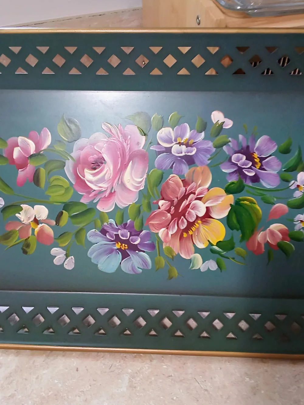 1950's Nashco Metal Hand-Painted Tole Floral Serving Tray - Teal Green